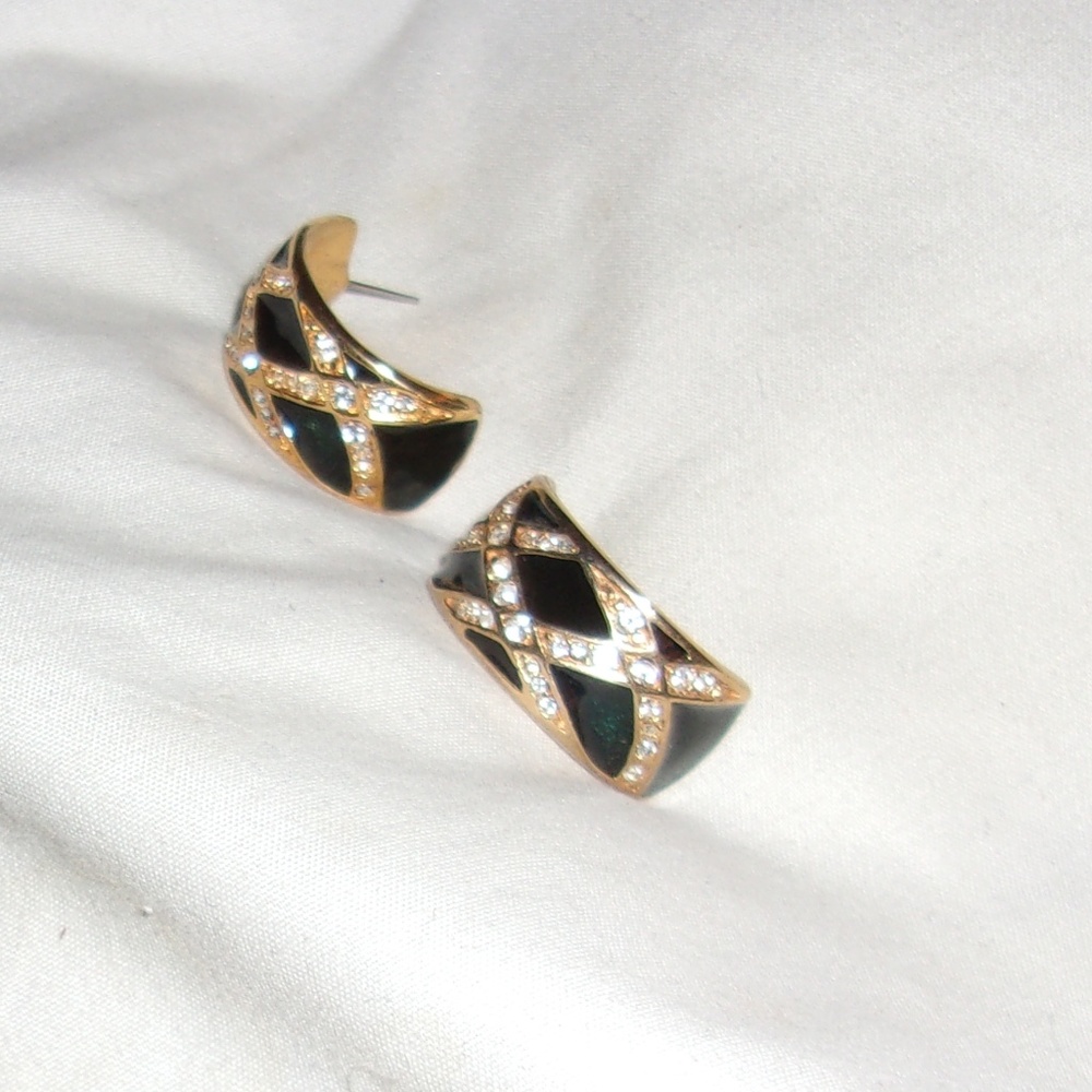 Vintage 80's Pair of Black & Clear Rhinestone Earr